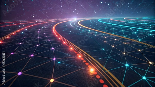 Futuristic Road with Colorful Lines and Digital Network Background