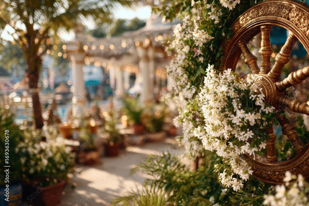 Obraz premium Vibrant Floral Decoration with Traditional Wheel in a Lush Outdoor Setting Surrounded by Exotic Plants and Warm Ambient Lighting for Celebrations