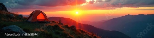Silhouetted tents perched atop a verdant hill at sunset, capturing the serene beauty of a camping hillwalking adventure The tranquil scene showcases stunning natural landscapes , tent, expedition