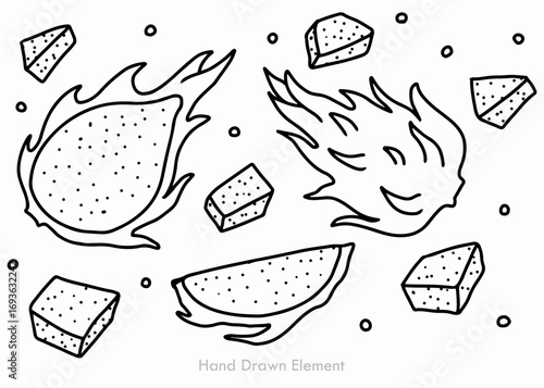 Collection of dragon fruit hand drawn doodles with vintage cartoon restaurant design elements in seamless vector pattern