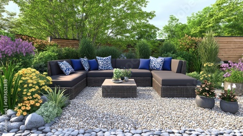Outdoor oasis: luxurious patio furniture set amidst lush garden scenery for relaxation