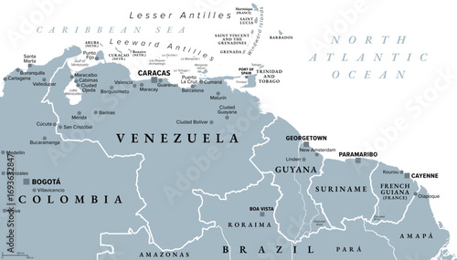 Venezuela and The Guianas, gray political map. Geographical region in north-eastern South America, consisting of the country Venezuela and The Guineas, which is Guyana, Suriname, and French Guiana.