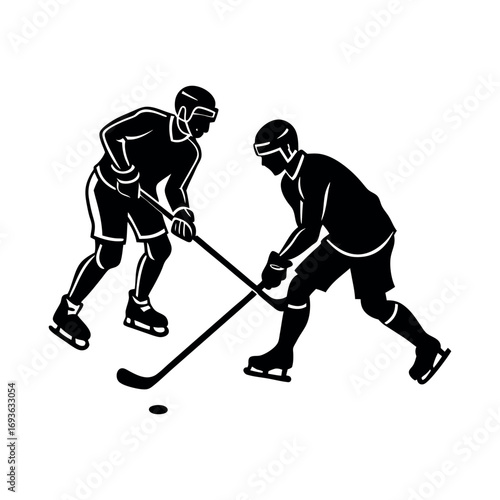Dynamic silhouette of two ice hockey players competing for the puck in intense action capture sporting competition and athleticism silhouette