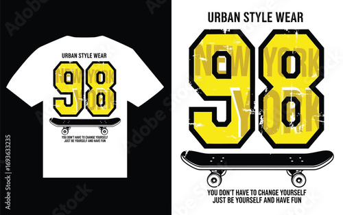 Urban Style Wear T Shirt Design with Skateboard and Numbers