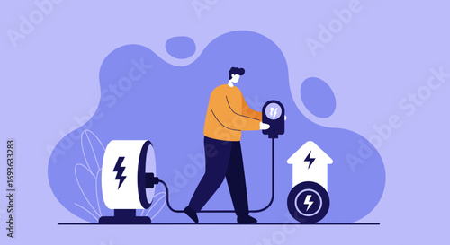 Man connecting energy to smart home and electric vehicle, symbolizing efficient power distribution, sustainable living, and modern technology.