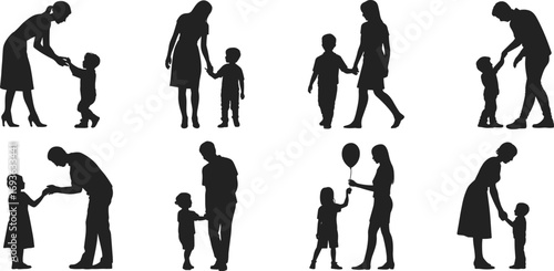 Silhouettes of Parents with Children, Family Bonding Moments, Parenting Concepts, Walking Together, Holding Hands, Childhood Love, Emotional Connection, Black Vector Art