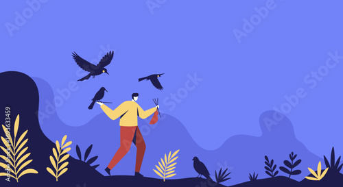 Man walking in a stylized outdoor landscape, interacting with black birds. Represents connection with nature, wildlife, and exploration.