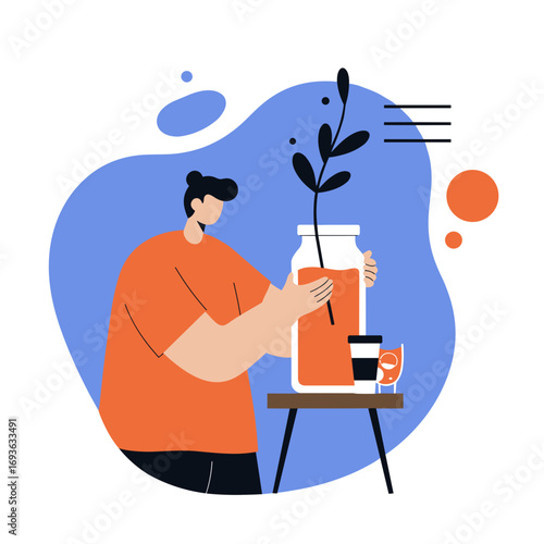 Person arranging a plant in a large glass jar, embodying a calm, natural home lifestyle. Ideal for concepts of sustainable living, daily routines, and minimalist interior decor.