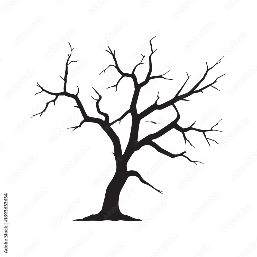 Fototapeta premium Black leafless tree with jagged branches design element. Simple and dark botanical artwork illustration for fall or environmental concepts.