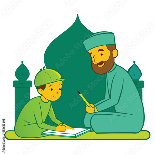 Inspiring Muslim education concept with teacher guiding student in Islamic studies and mosque background