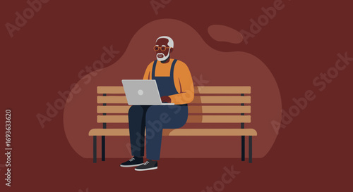 Senior African American man focused on his laptop while sitting on a park bench. Depicts active retirement, digital literacy, and modern senior lifestyle.