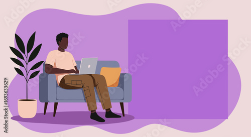 Young Black man works remotely on a laptop from a comfortable sofa at home, ideal for freelance, online learning, or digital nomad concepts.