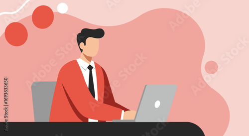 Professional man in a red jacket diligently working on a laptop at a desk, symbolizing remote work, business productivity, and digital communication.