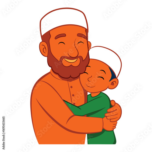 Heartwarming cartoon of Muslim father embracing son with love and affection, perfect for family values content