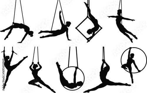Aerial acrobat silhouette, circus performer vector, aerial hoop illustration, trapeze artist design, aerial dancer graphic, gymnastics performance, isolated acrobat figure