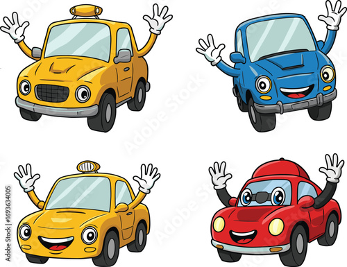 Cartoon taxi and colorful cars with smiling faces, cute anthropomorphic vehicles raising hands, cheerful transportation illustration for kids education and fun