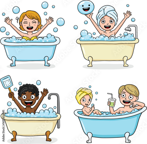 Cartoon bath time illustration, happy people in bathtub, relaxing bubbles, spa wellness, self care, playful characters, home bathroom scene, leisure