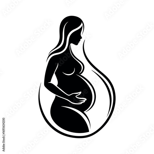 Silhouette of a pregnant woman holding her belly embraced by a circular stroke symbolizing growth and motherhood silhouette