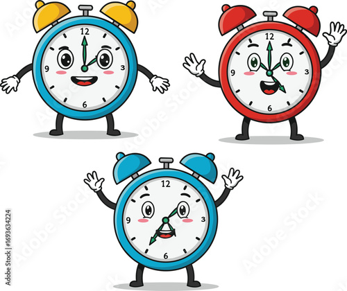 Cartoon alarm clocks with smiling faces, colorful bells, different times, cute characters, children learning time, playful educational illustration design