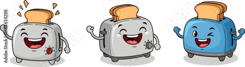 Cartoon toaster characters, happy kitchen appliance, cute breakfast illustration, smiling toast popping, playful cooking concept, cheerful food art, fun home decor