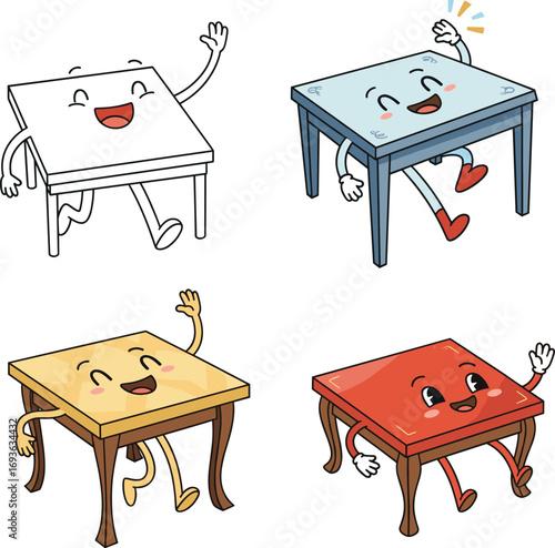 Cartoon anthropomorphic tables, cute furniture characters, colorful happy table designs, playful animated style, cheerful expressions, waving hands, children’s illustration, vector art