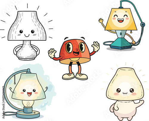 Cartoon anthropomorphic lamps, cute smiling lamp characters, colorful lighting illustration, kawaii home decor, playful lamp art, adorable interior design elements