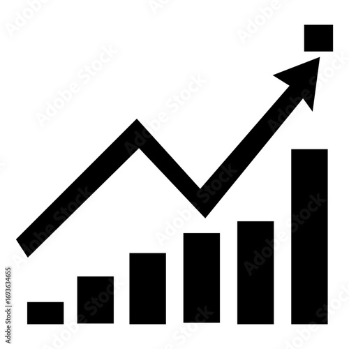 Financial growth symbol: A graphic representation of financial growth, depicting a rising bar graph overlaid with an upward-pointing arrow, symbolizing progress and success. 