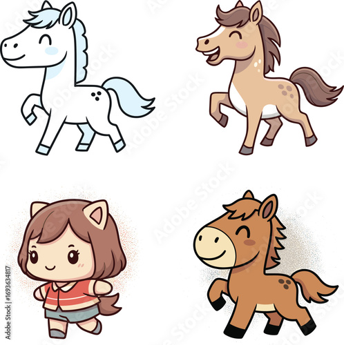 Cartoon horses, cute girl with animal ears, kawaii style characters, walking pose, cheerful expressions, children illustration, whimsical animal art