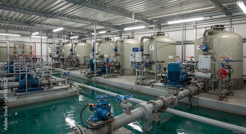 Industrial water treatment facility with multiple filtration tanks and plumbing systems