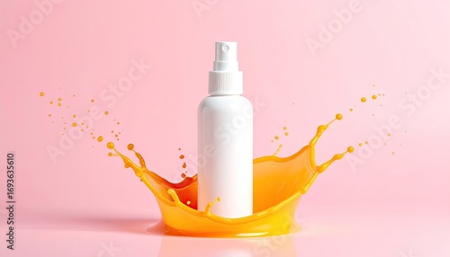 White spray bottle in a vibrant orange splash on a pink background
