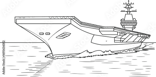 Aircraft carrier line drawing, military ship illustration, naval vessel at sea, warship outline sketch, ocean battleship vector black and white