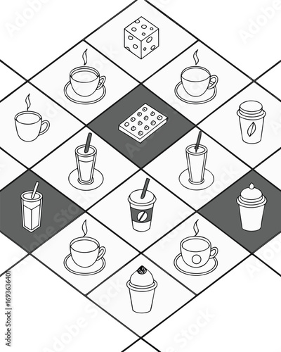 Isometric sketch pattern of coffee drinks and sweets on a diamond grid