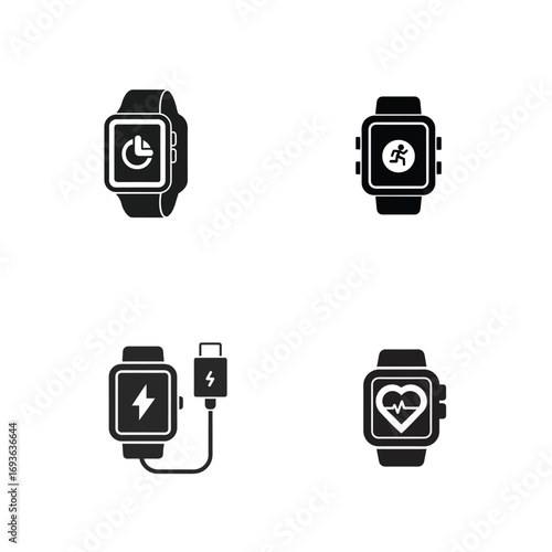 Set of illustration of hand wearing smart watch with pulse trace representing healthy lifestyle
