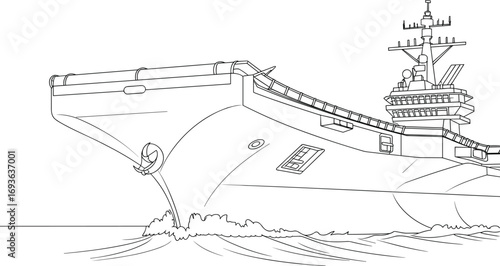 Aircraft carrier line drawing, naval warship illustration, military ship sketch, black and white outline, educational marine transportation coloring page