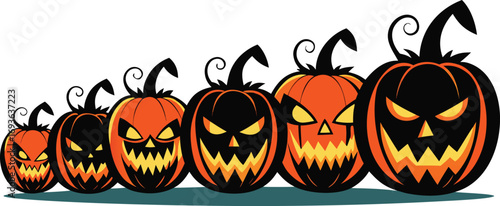 Row of spooky jack o lanterns with scary faces in varying sizes