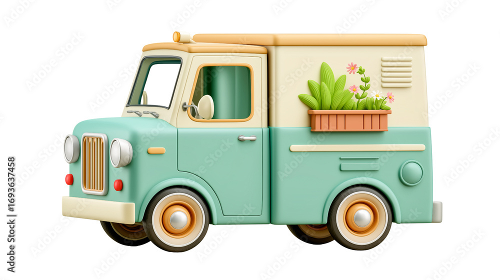 Naklejka premium Whimsical Floral Delivery Van: A charming and stylized illustration of a vintage delivery van, adorned with pastel hues and carrying a delightful display of potted plants.