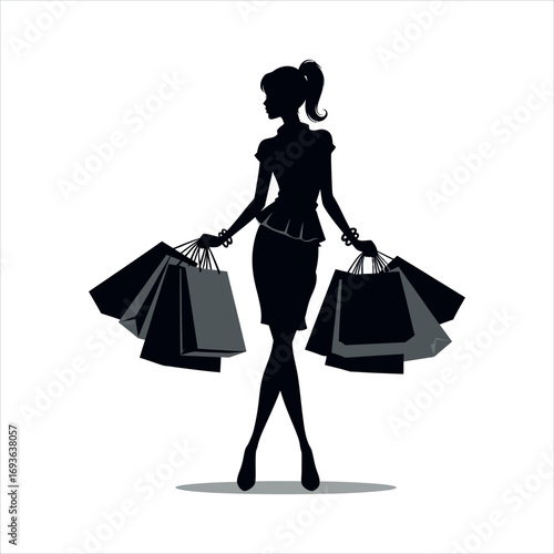 Elegant silhouette of a fashionable woman holding numerous shopping bags representing a successful shopping spree and retail therapy experience silhouette