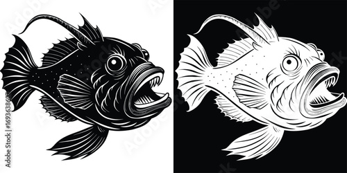 Fierce anglerfish with sharp teeth and glowing lure, ready to strike in deep ocean abyss