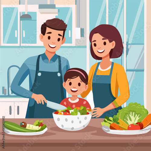 Happy Family Cooking a Healthy Meal Together in the Kitchen