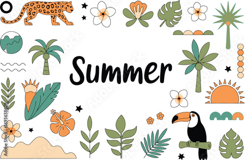 Trendy summer vibes with toucan, leopard, palms, sun, stars, flowers for vibrant designs and creative projects
