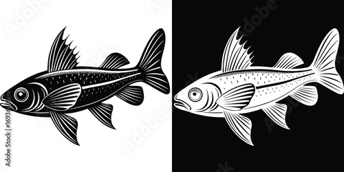 Striking black and white fish illustrations, perfect for aquatic themes, fishing, and nature designs.