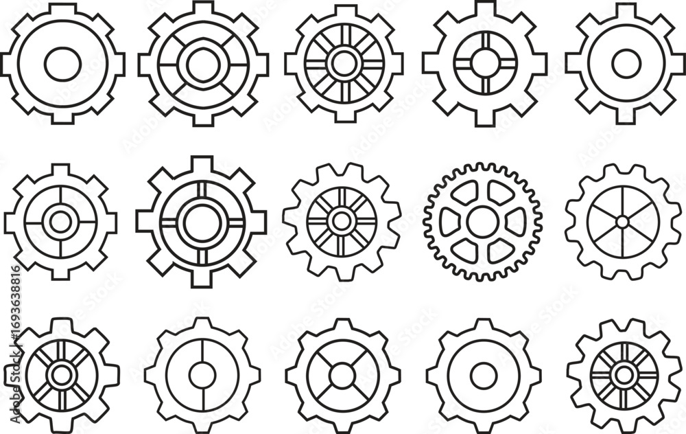 Gear icon vector set, Gear Icon Vector Set Black Cogwheel, Sprocket Shapes, Engineering and Industrial Machinery Symbols.
