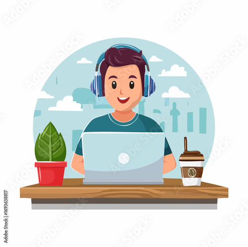 Young Man Working from Home on His Laptop with Headphones