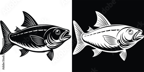 Bold, graphic illustration of a fish in dynamic black and white for bold aquatic themes and striking seafood branding