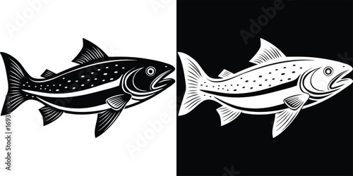 Dynamic twin fish illustrations in striking black and white contrast, perfect for aquatic themes