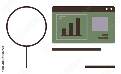 Green browser window with bar chart next to a magnifying glass. Ideal for analysis, research, statistics, progress tracking, data visualization, productivity, business insights. Simple flat metaphor