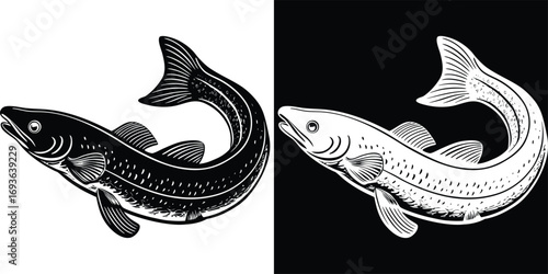 Dynamic leaping fish illustration in striking black and white contrast for vibrant aquatic themes and fishing adventures