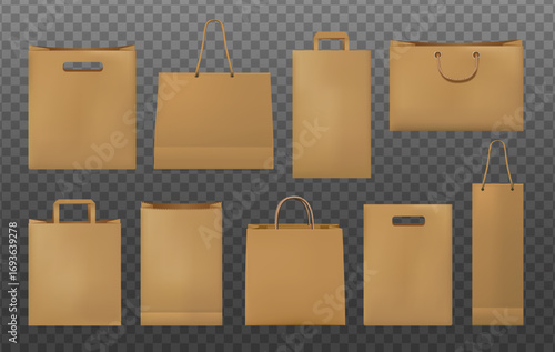 3d realistic vector icon illustration. Paper bags mockup collection. Blank shopping and product packaging, gift and craft paper. Isolated on transparent background.