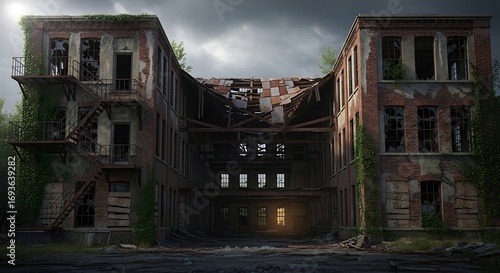 A dilapidated brick building, overtaken by nature, stands amidst the ruins of a once-grand structure, showcasing the ravages of time and decay.