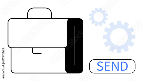 Briefcase, two gears, and SEND button symbolizing business process, teamwork, and digital communication. Ideal for business, productivity, project management automation workflow innovation. Simple